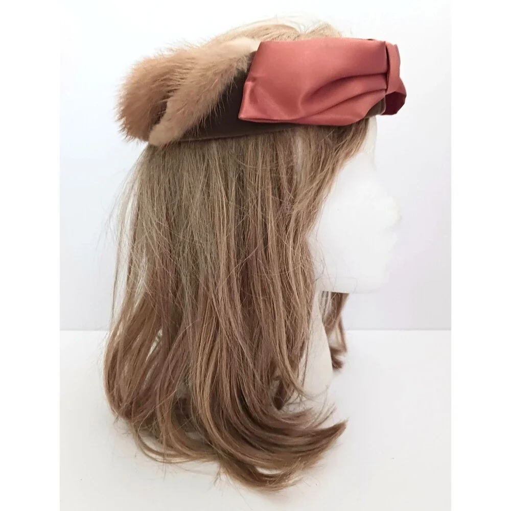 VTG Mink / Velvet Circle Hat Bronze Satin Bow Open Crown O/S